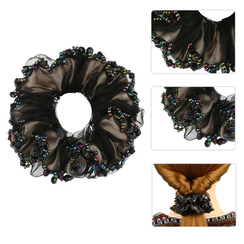 Cottvott 3/pack Chiffon Hair Rope Yarn Beads Hair Ties Women Hair Accessories Scrunchies (blue-black-coffee) - Image 3